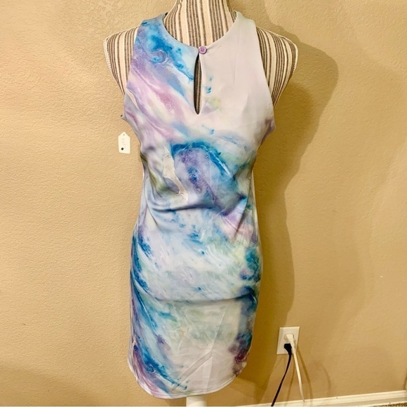 NWT Mini Dress Large by Artist Velia Lala Blues Purples Greens Keyhole Stretchy - Picture 9 of 16